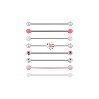Multi-Pack Pink and Clear CZ Daisy Silver-Tone Industrial Barbells 8 Pack - 14 Gauge