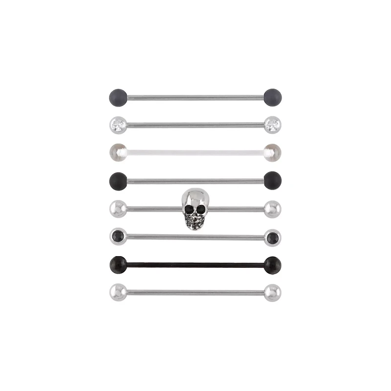 Multi-Pack Black and Clear CZ Skull Silver-Tone Industrial Barbells 8 Pack - 14 Gauge