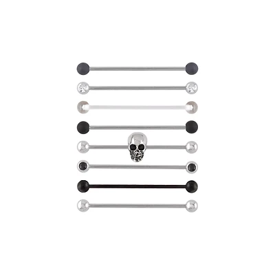 Multi-Pack Black and Clear CZ Skull Silver-Tone Industrial Barbells 8 Pack - 14 Gauge