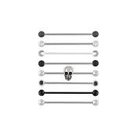 Multi-Pack Black and Clear CZ Skull Silver-Tone Industrial Barbells 8 Pack - 14 Gauge