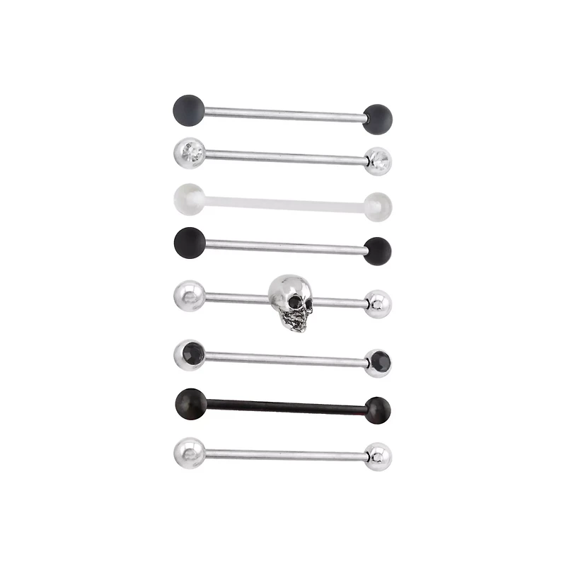 Multi-Pack Black and Clear CZ Skull Silver-Tone Industrial Barbells 8 Pack - 14 Gauge