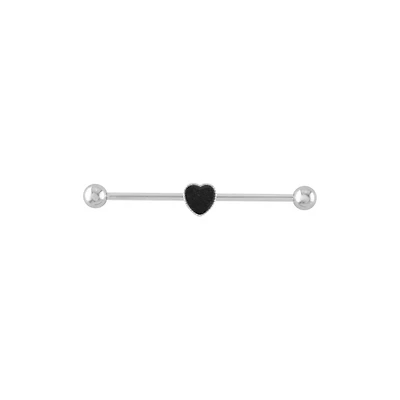 Black Heart Silver-Tone Industrial Barbell - 14 Gauge