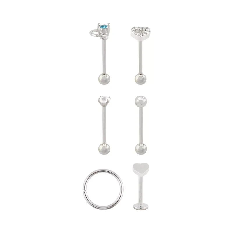 Multi-Pack Clear and Blue CZ Heart Silver-Tone Cartilage Pins and Hoop 6 Pack - 16 Gauge