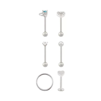 Multi-Pack Clear and Blue CZ Heart Silver-Tone Cartilage Pins and Hoop 6 Pack - 16 Gauge