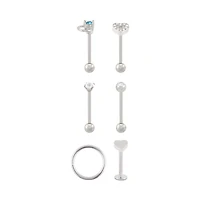 Multi-Pack Clear and Blue CZ Heart Silver-Tone Cartilage Pins and Hoop 6 Pack - 16 Gauge