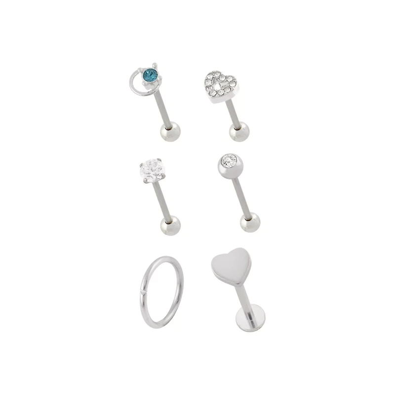 Multi-Pack Clear and Blue CZ Heart Silver-Tone Cartilage Pins and Hoop 6 Pack - 16 Gauge