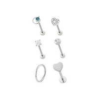 Multi-Pack Clear and Blue CZ Heart Silver-Tone Cartilage Pins and Hoop 6 Pack - 16 Gauge