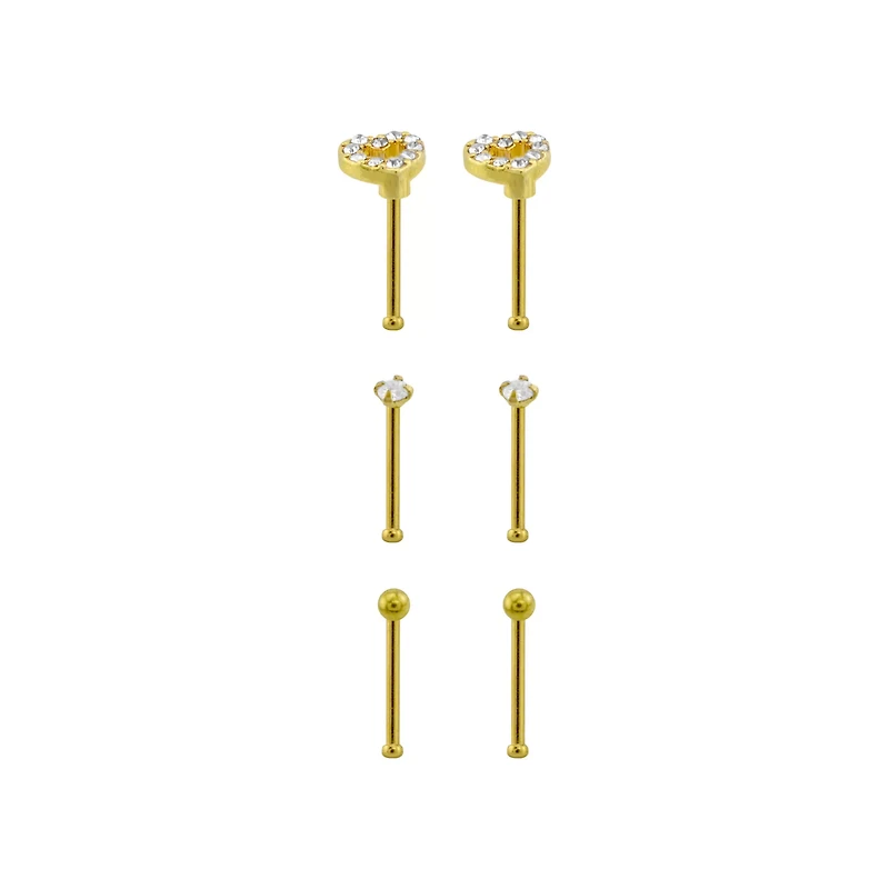 Multi-Pack CZ Goldtone Heart Nose Pins - 20 Gauge