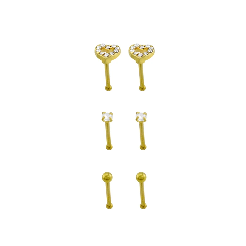 Multi-Pack CZ Goldtone Heart Nose Pins - 20 Gauge