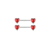 Red CZ Heart Silver-Tone Nipple Barbells - 14 Gauge