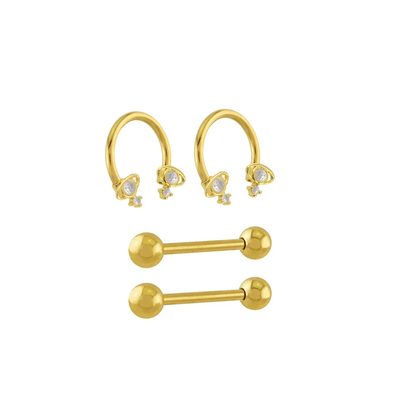 Multi-Pack CZ Saturn Gold-Tone Horseshoe Rings and Nipple Barbells 2 Pair - 14 Gauge