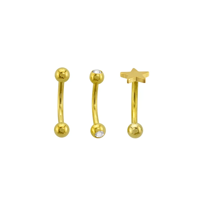 Multi-Pack 14K Gold-Plated CZ Star Curved Barbells 3 Pack - 16 Gauge
