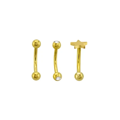 Multi-Pack 14K Gold-Plated CZ Star Curved Barbells 3 Pack - 16 Gauge