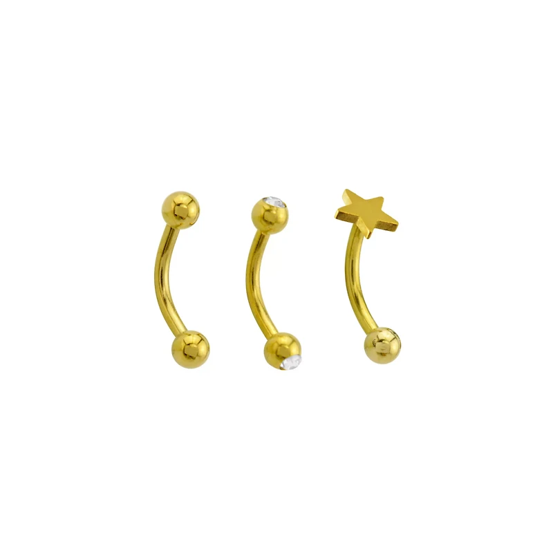 Multi-Pack 14K Gold-Plated CZ Star Curved Barbells 3 Pack - 16 Gauge