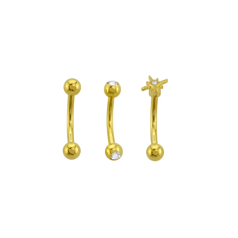 Multi-Pack CZ Star 14K Gold-Plated Curved Barbells 3 Pack - 16 Gauge