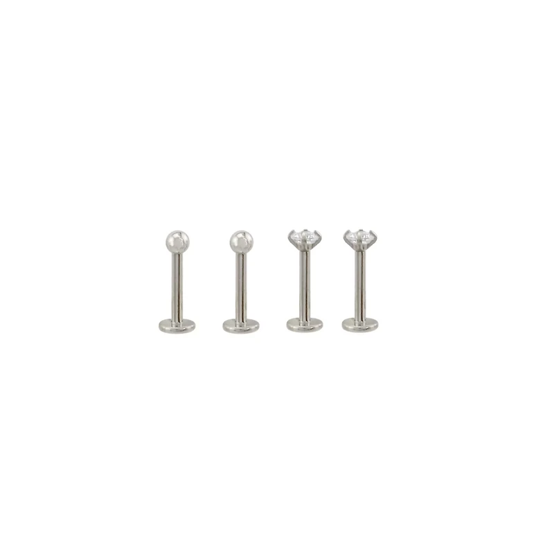 Multi-Pack CZ Silvertone Labret Lip Rings 4 Pack - 16 Gauge