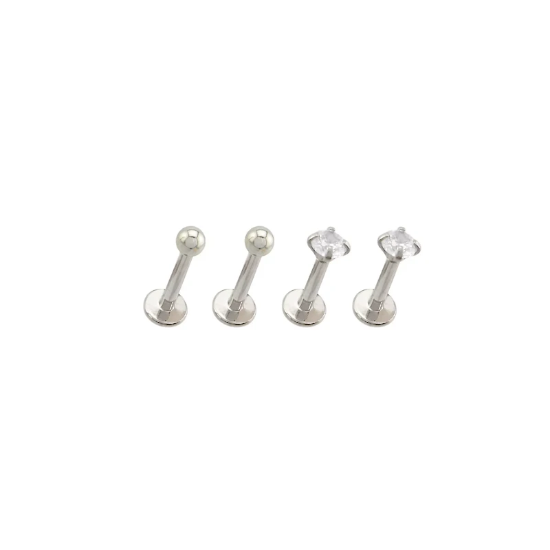 Multi-Pack CZ Silvertone Labret Lip Rings 4 Pack - 16 Gauge