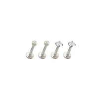 Multi-Pack CZ Silvertone Labret Lip Rings 4 Pack - 16 Gauge