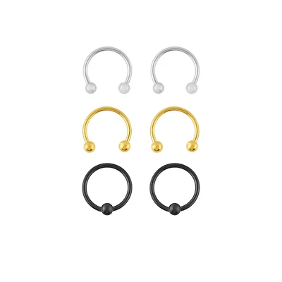 Multi-Pack Multi-Color Captive Rings and Horseshoe Rings 3 Pair - 16 Gauge