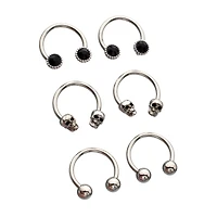 Multi-Pack Black CZ Skull Horseshoe Rings 3 Pair - 16 Gauge