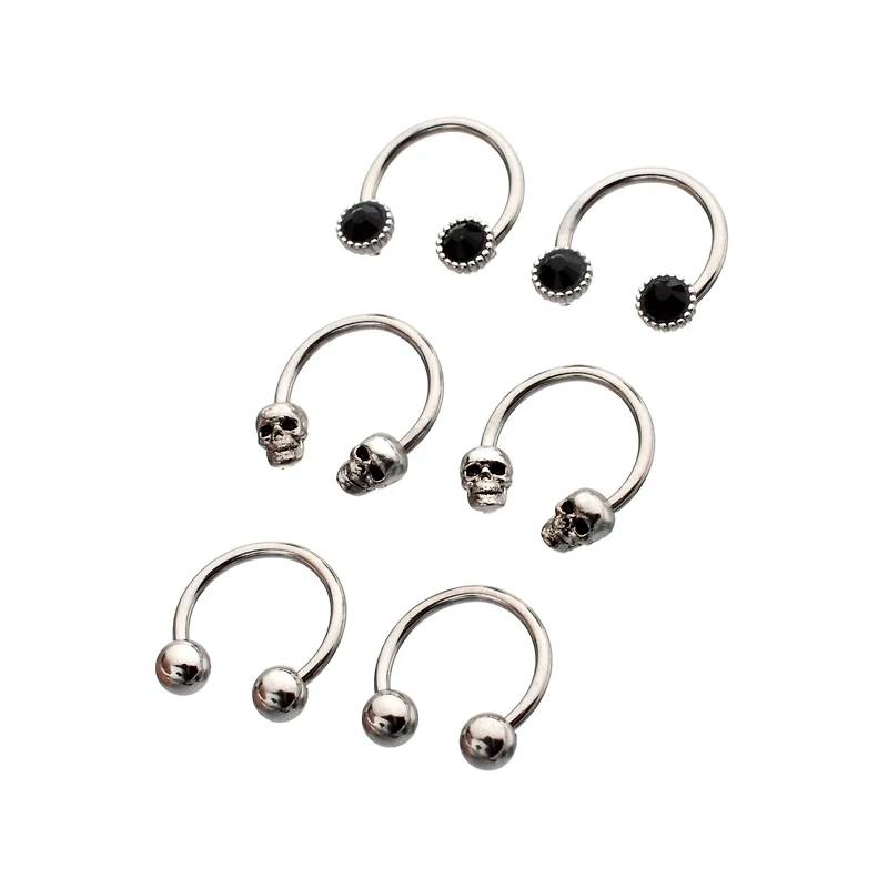 Multi-Pack Black CZ Skull Horseshoe Rings 3 Pair - 16 Gauge