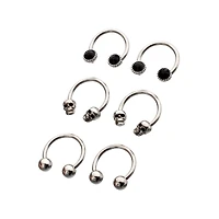 Multi-Pack Black CZ Skull Horseshoe Rings 3 Pair - 16 Gauge