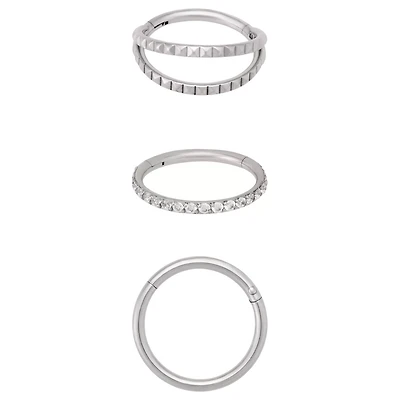 Multi-Pack Clear CZ Silver-Tone Studded Hinge Hoops 3 Pack - 16 Gauge