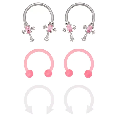 Multi-Pack Pink CZ Cross Acrylic and Silver-Tone Horseshoe Rings 3 Pair - 16 Gauge