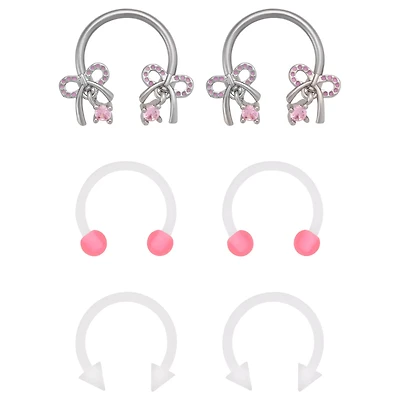 Multi-Pack Pink CZ Bow Spike Horseshoe Rings 6 Pack - 16 Gauge
