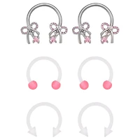 Multi-Pack Pink CZ Bow Spike Horseshoe Rings 6 Pack - 16 Gauge