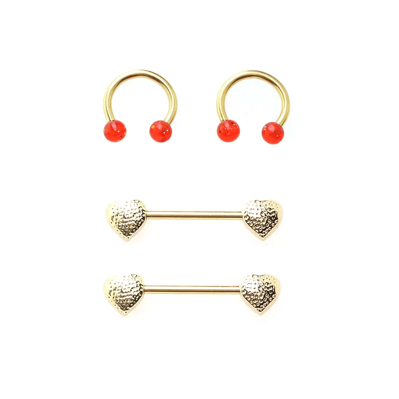 Multi-Pack Gold-Tone Red Heart Nipple Horseshoe Rings and Barbells 2 Pair - 14 Gauge