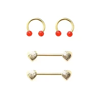 Multi-Pack Gold-Tone Red Heart Nipple Horseshoe Rings and Barbells 2 Pair - 14 Gauge