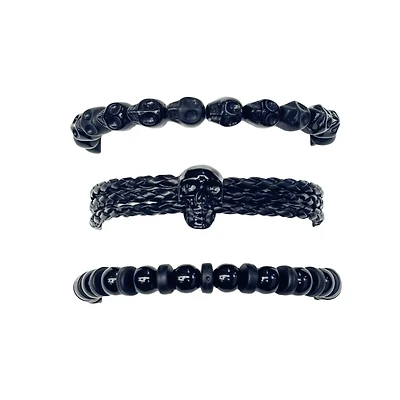 Multi-Pack Black Skull Beaded and Cord Bracelets - 3 Pack