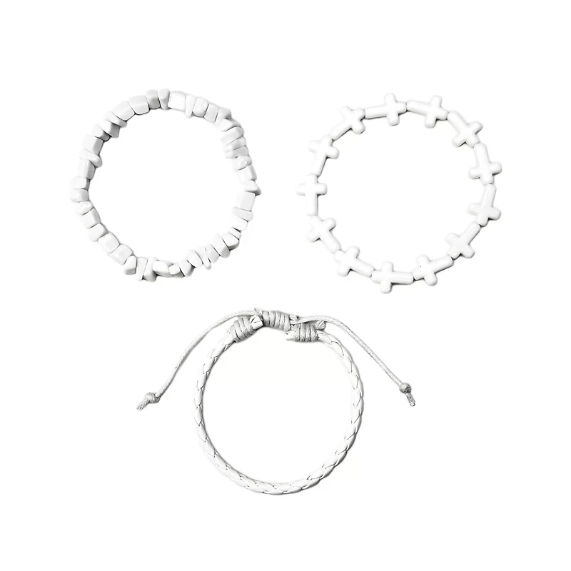 Multi-Pack White Beaded Cross Braided Cord Bracelets - 3 Pack