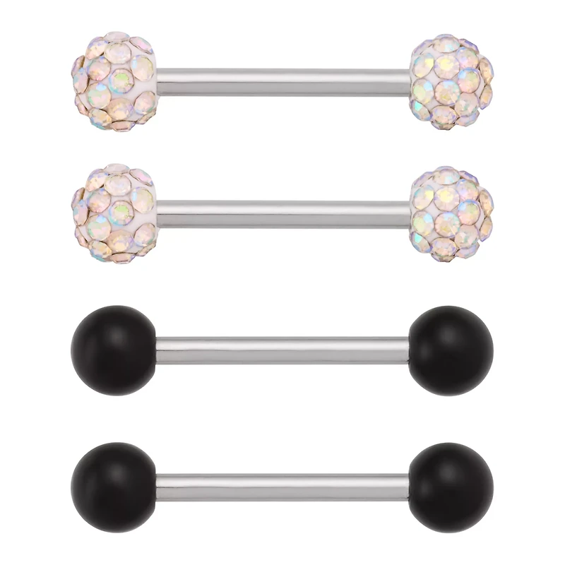 Multi-Pack Black and Aurora Borealis-Effect Pave Nipple Barbells 2 Pair - 14 Gauge