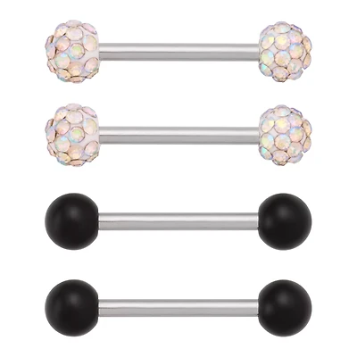 Multi-Pack Black and Aurora Borealis-Effect Pave Nipple Barbells 2 Pair - 14 Gauge