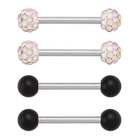 Multi-Pack Black and Aurora Borealis-Effect Pave Nipple Barbells 2 Pair - 14 Gauge