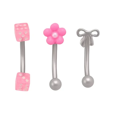 Multi-Pack Silver-Tone Pink Dice Curved Barbells 3 Pack - 16 Gauge