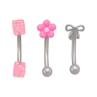 Multi-Pack Silver-Tone Pink Dice Curved Barbells 3 Pack - 16 Gauge