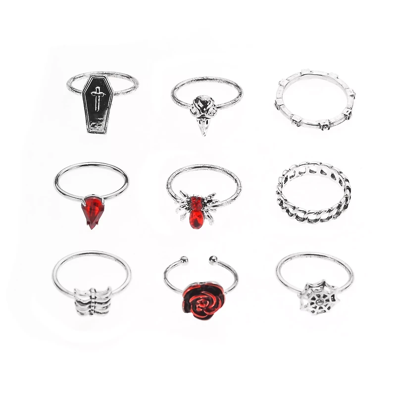 Multi-Pack Red CZ Silver-Plated Gothic Rings - 9 Pack