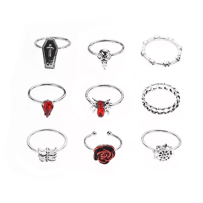 Multi-Pack Red CZ Silver-Plated Gothic Rings - 9 Pack