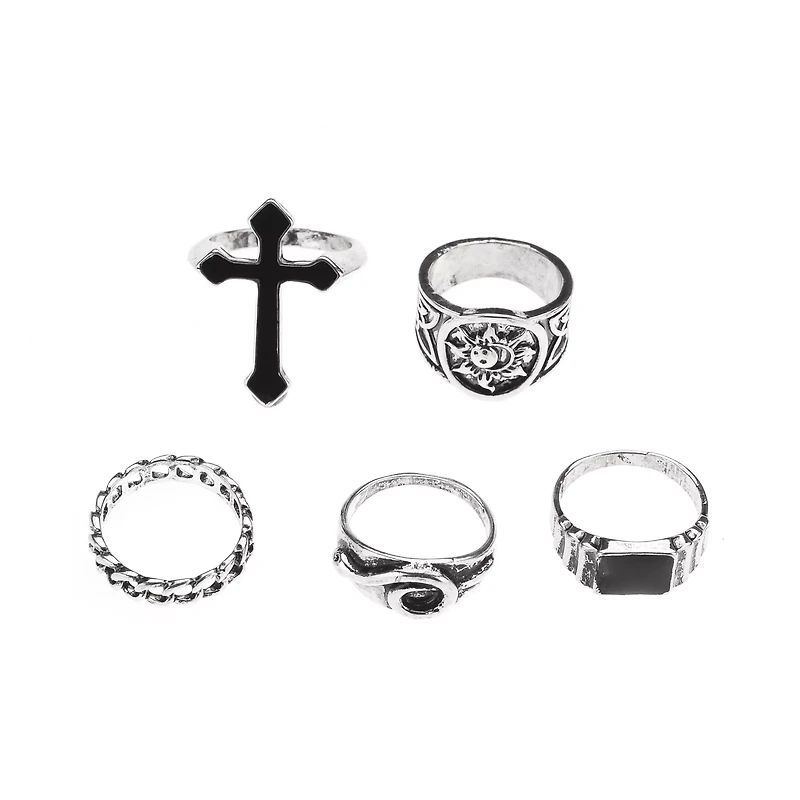 Multi-Pack Silver-Plated Gothic Cross & Knot Rings - 5 Pack