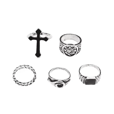 Multi-Pack Silver-Plated Gothic Cross & Knot Rings - 5 Pack