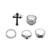 Multi-Pack Silver-Plated Gothic Cross & Knot Rings - 5 Pack