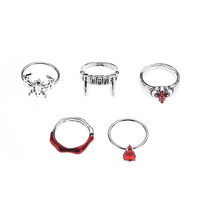 Multi-Pack Silver-Plated Bloody Vampire Rings - 5 Pack