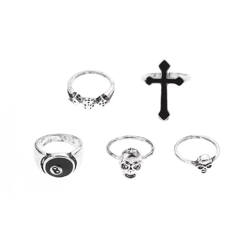 Multi-Pack Silver-Plated Gothic Biker Rings - 5 Pack