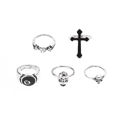 Multi-Pack Silver-Plated Gothic Biker Rings - 5 Pack