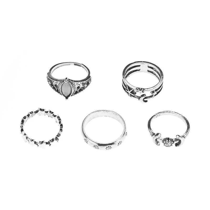 Multi-Pack Silver-Plated Celestial Charm Rings - 5 Pack
