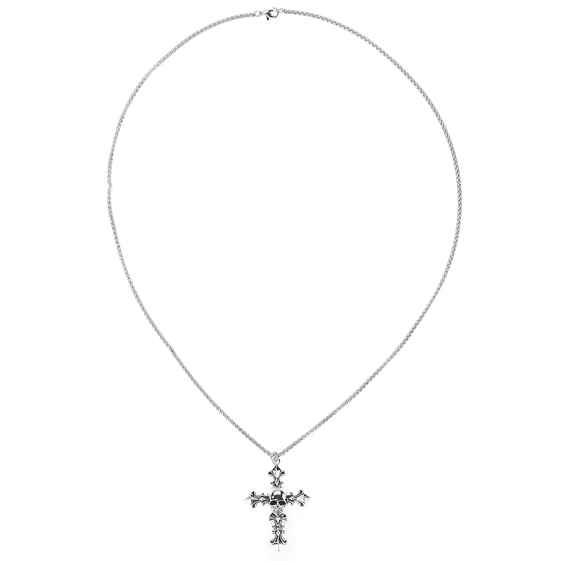 Skull Cross Silver-Tone Chain Necklace