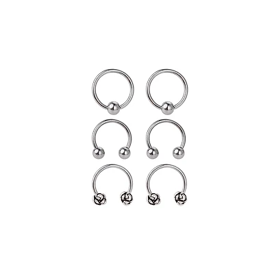 Multi-Pack Silver-Tone Rose Horseshoe & Captive Bead Rings 6 Pack - 16 Gauge